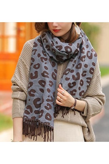 XYUAN Echarpes Et Foulards Femme,Gland Étole pour Femmes Chaud Laine Artificielle Châle Hiver Imprimé Léopard Écharpe Dames L