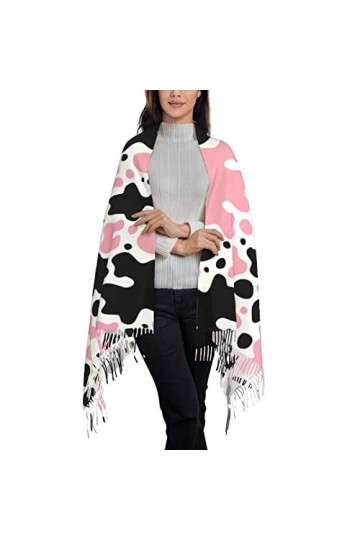 TheEcoWay Écharpe à pampilles pour femmes, rose, noir, blanc, imprimé vache, grand châle doux au toucher cachemire, étole lég