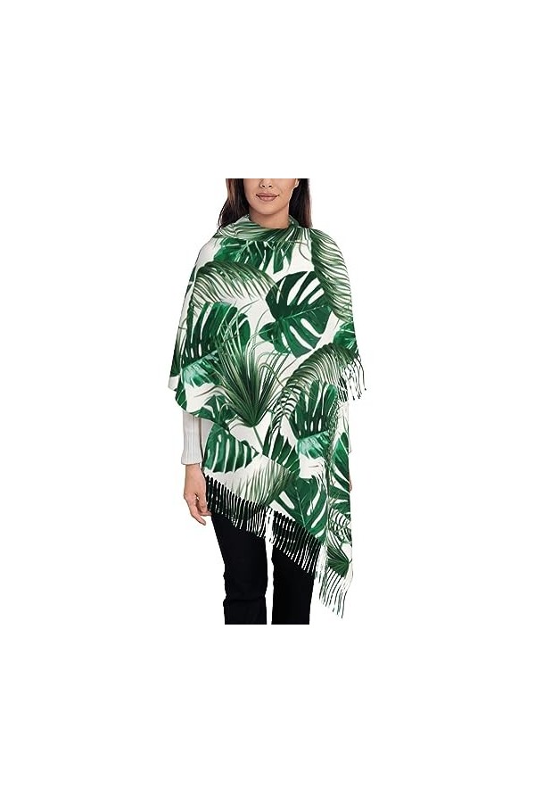 TheEcoWay Écharpe à pampilles pour femmes, feuille de palmier tropicale, grand châle doux au toucher cachemire, étole légère 