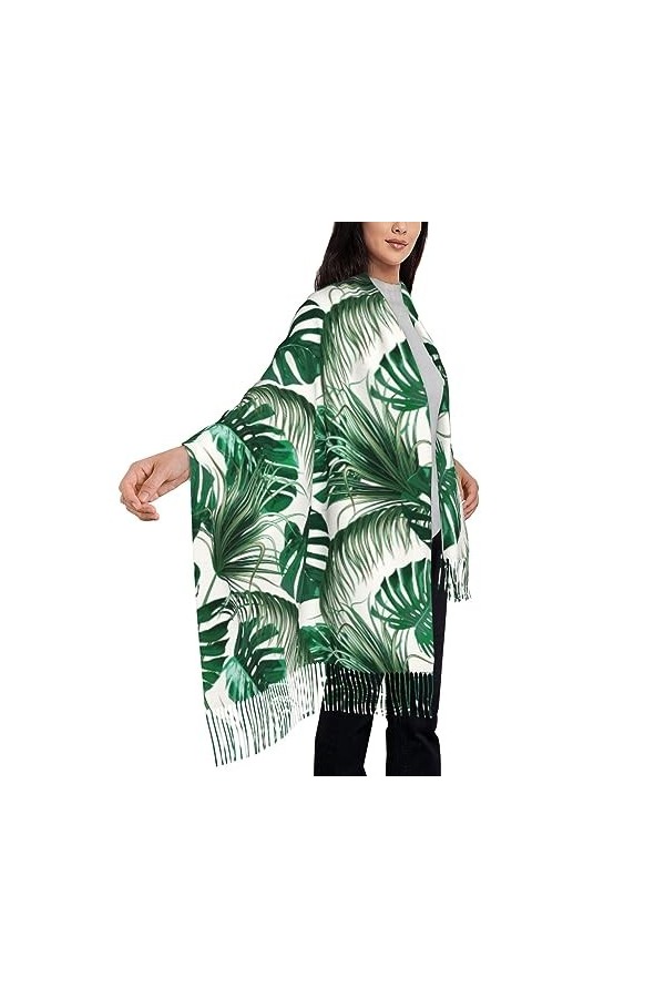 TheEcoWay Écharpe à pampilles pour femmes, feuille de palmier tropicale, grand châle doux au toucher cachemire, étole légère 