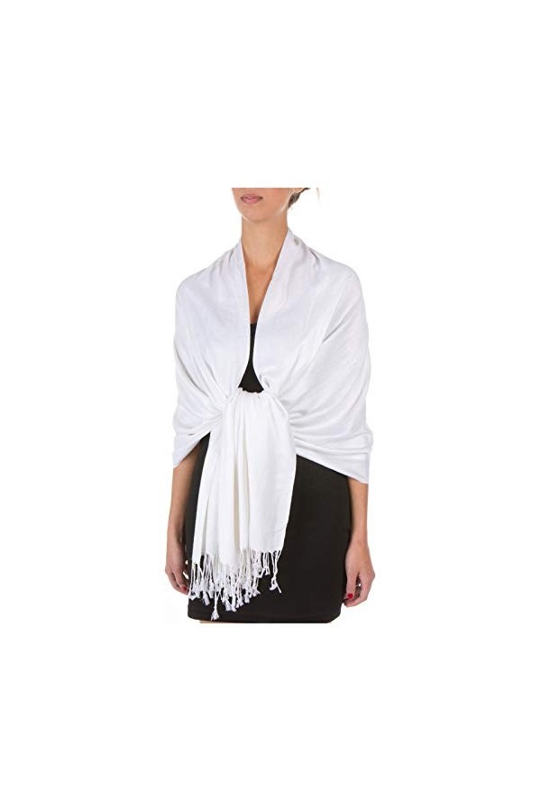 Sakkas 198cm x 71cm Textile Bio Bambou rayonne Doux Couleur Unie Pashmina Châle/Echarpe/Etole - Blanc