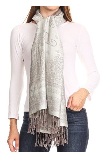 Sakkas FUPashPais95AG Lightweight Écharpe/Étole/enveloppe Pashmina à deux tons Paisley Design - Blanc/Gris