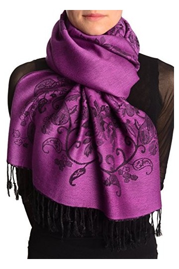LissKiss Roses Frame On Orchid Purple Pashmina Feel With Tassels - Violet ?charpe Taille Unique 70cm x 180cm 