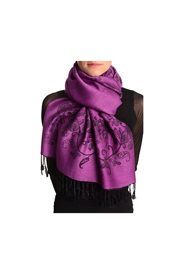 LissKiss Roses Frame On Orchid Purple Pashmina Feel With Tassels - Violet ?charpe Taille Unique 70cm x 180cm 