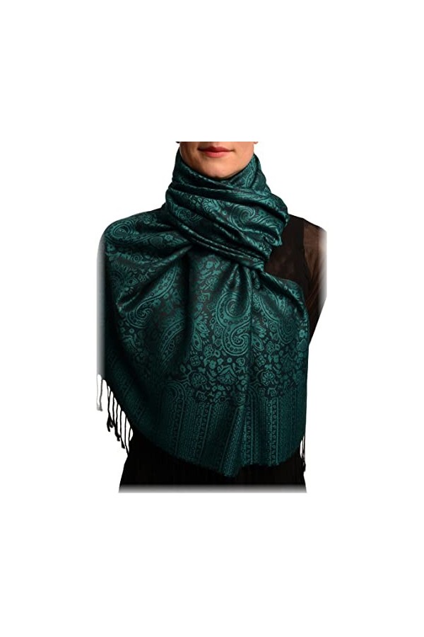 LissKiss Prussian Blue & Black Paisleys Pashmina Feel With Tassels - Bleu ?charpe Taille Unique - 70cm x 180cm