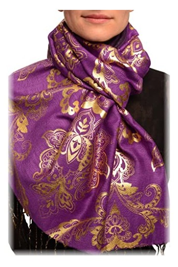 LissKiss Gold Lotus Flower Print On Purple Pashmina Feel With Tassels - Violet ?charpe Taille Unique 70cm x 180cm 