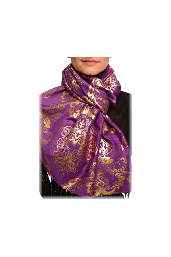 LissKiss Gold Lotus Flower Print On Purple Pashmina Feel With Tassels - Violet ?charpe Taille Unique 70cm x 180cm 