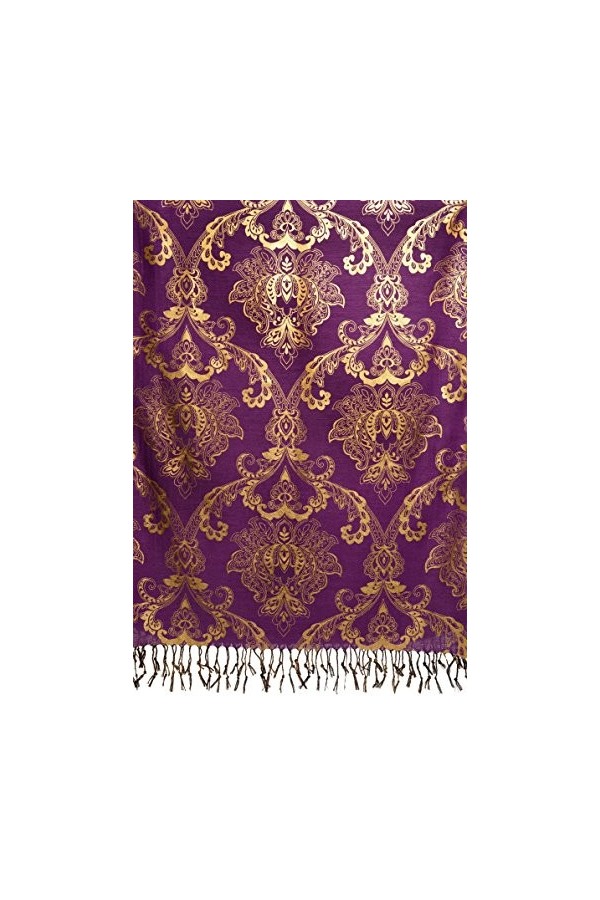 LissKiss Gold Lotus Flower Print On Purple Pashmina Feel With Tassels - Violet ?charpe Taille Unique 70cm x 180cm 