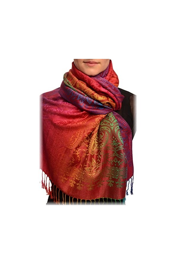 LissKiss Mirrored Ombre Paisleys on Burgundy Pashmina Feel with Tassels - Rouge ?charpe Taille Unique 70cm x 180cm 