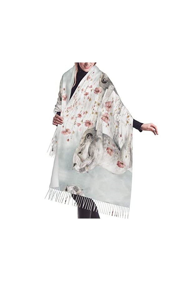 Écharpe à franges en cachemire avec motif cheval blanc entouré de fleurs pour femme, Cheval blanc entouré de fleurs, taille u