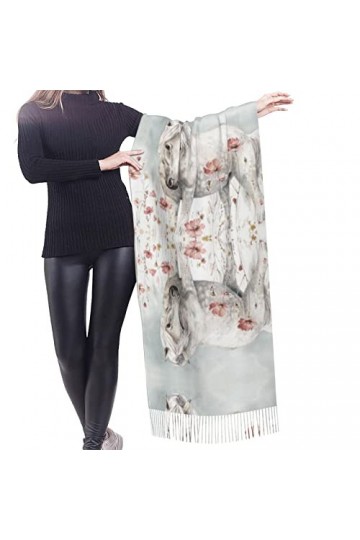 Écharpe à franges en cachemire avec motif cheval blanc entouré de fleurs pour femme, Cheval blanc entouré de fleurs, taille u