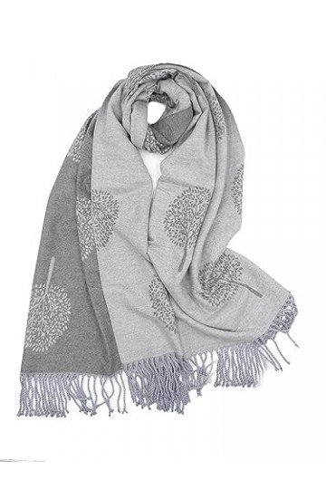 Claudia & Jason Écharpe dhiver en pashmina réversible Motif arbre de vie, gris, 180*90 cm