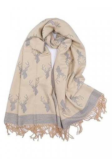 Claudia & Jason® Écharpe dhiver réversible en pashmina Motif cerf, crème, 180*90cm approx