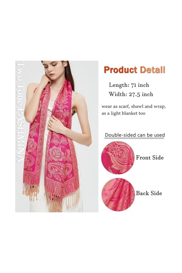 Gragengs Châle pashmina avec cachemire ethnique deux tons jacquard écharpe pour femme, Cachemire-fuchsia, taille unique