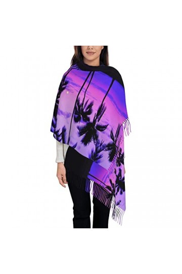 Écharpe en cachemire imprimé palmier violet coucher de soleil – Châle pour femme, taille XL, cadeaux pour femme, Noir , taill