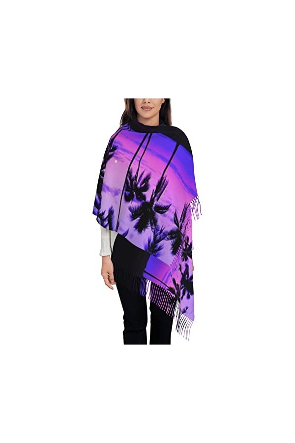 Écharpe en cachemire imprimé palmier violet coucher de soleil – Châle pour femme, taille XL, cadeaux pour femme, Noir , taill