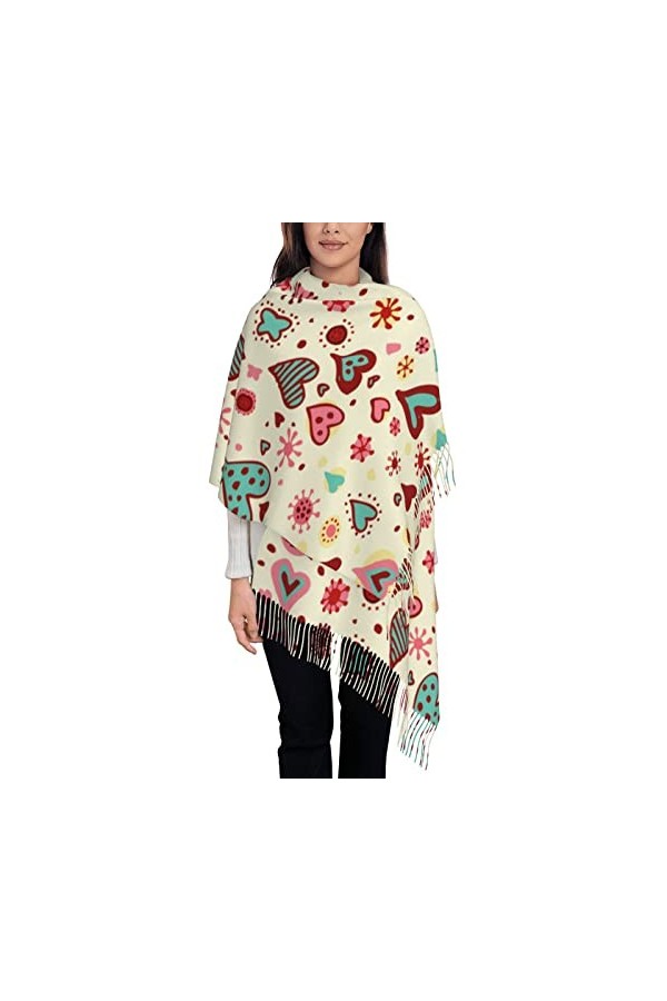 Écharpe en cachemire imprimé oiseaux et fleurs – Châle pour femme, taille XL, cadeau pour femme, Motif cœur coloré., taille u
