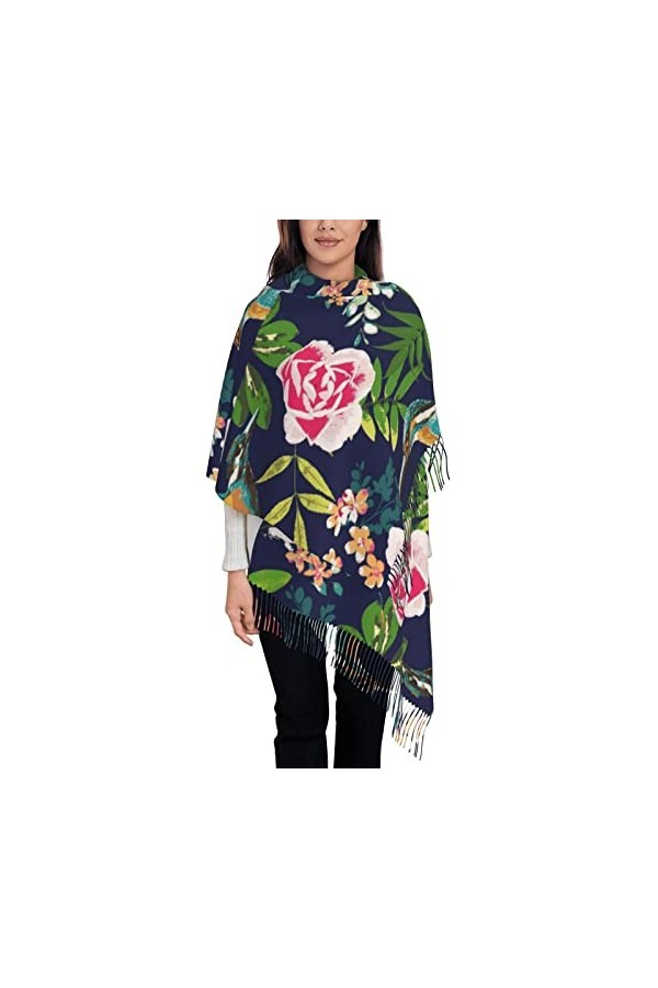Écharpe en cachemire imprimé oiseaux et fleurs – Châle pour femme, taille XL, cadeau pour femme, Motif cœur coloré., taille u