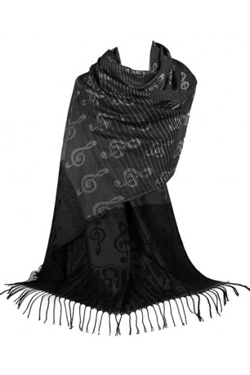 GFM Écharpe imprimée notes de musique ou pashmina – Taille L ou M – Doux, Mup2-klbh-noir gris, L