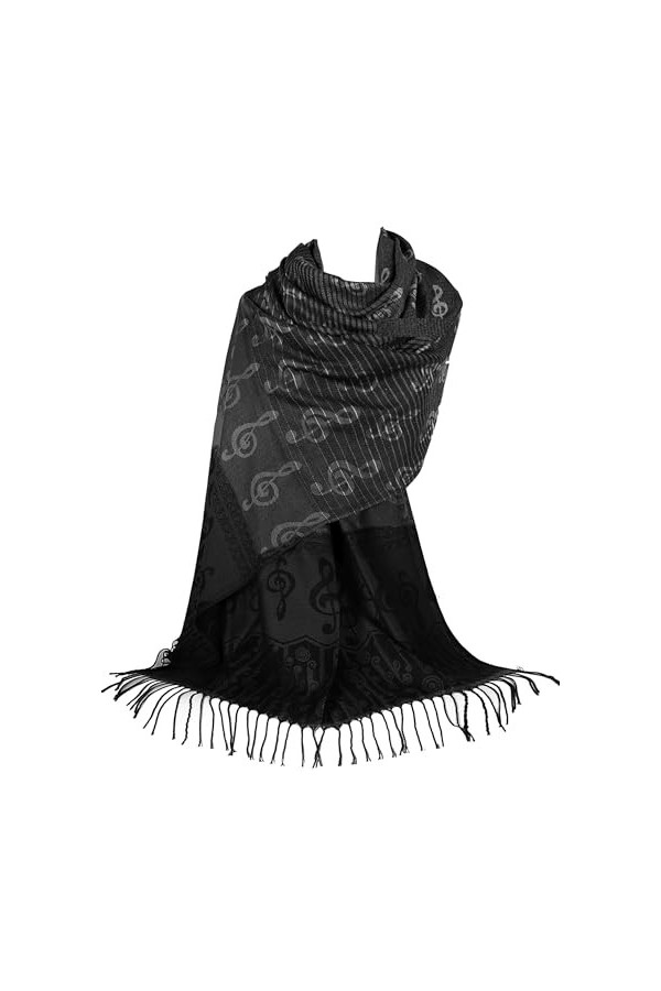 GFM Écharpe imprimée notes de musique ou pashmina – Taille L ou M – Doux, Mup2-klbh-noir gris, L