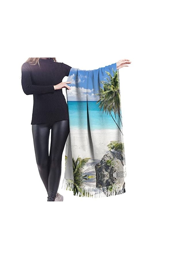 Écharpe blanche en cachemire imprimé plage – Châle pashmina pour femme, écharpe dhiver pour femme, grand emballage, cadeaux 