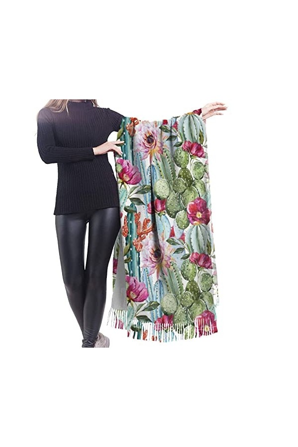 Foulard en cachemire avec imprimé cactus et rose succulente – Châle pashmina pour femme, écharpe dhiver pour femme, grand em
