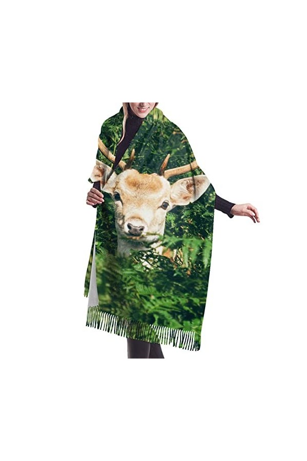 Foulard en cachemire imprimé cerf avec feuilles épaisses – Châle pashmina pour femme, écharpe dhiver pour femme, grand embal