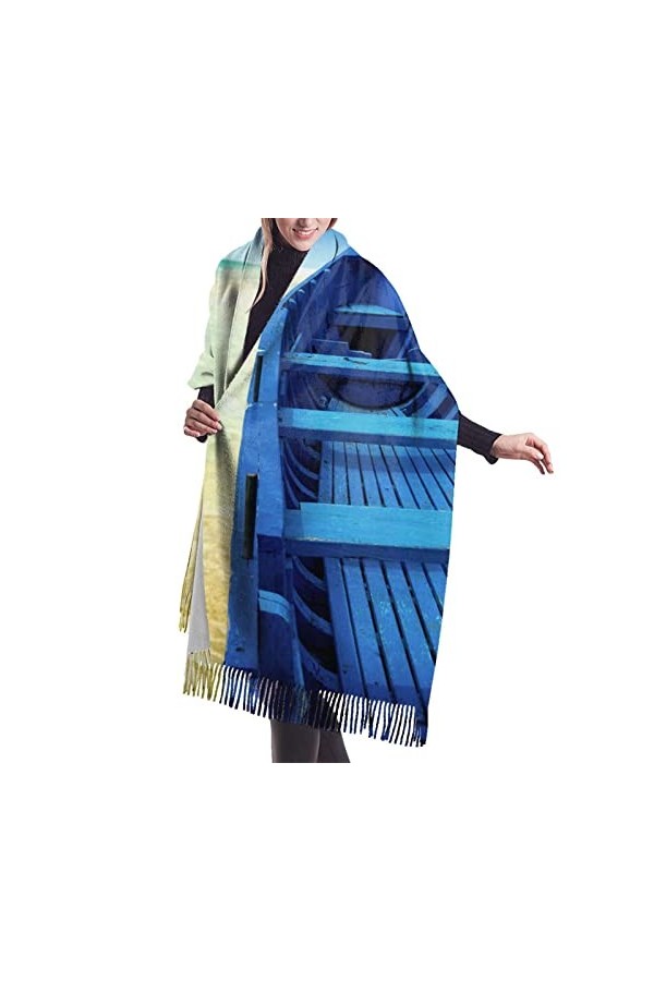 Écharpe de plage en cachemire bleu ciel jaune avec imprimé bateau – Châle pashmina pour femme, écharpe dhiver pour femme, gr