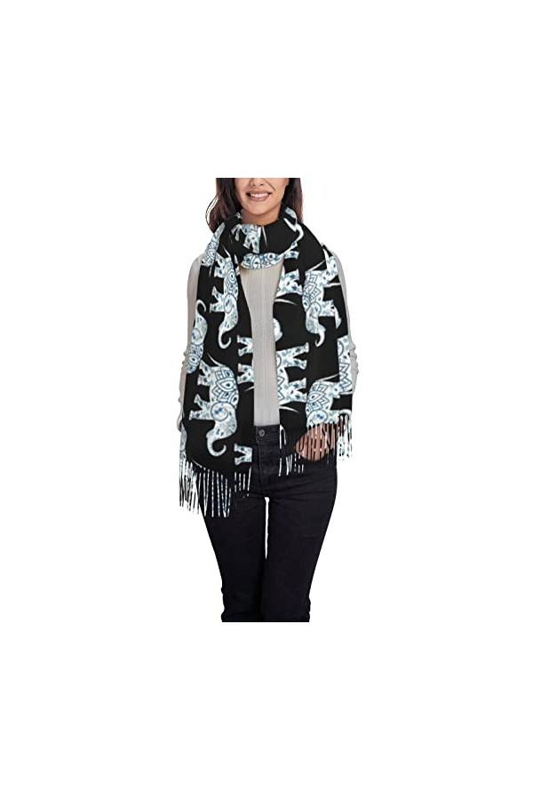 OPSREY Écharpe à pompons imprimée motif camouflage Pashmina Sentiment Châle Écharpe chaude dhiver, Éléphant aztèque., taille