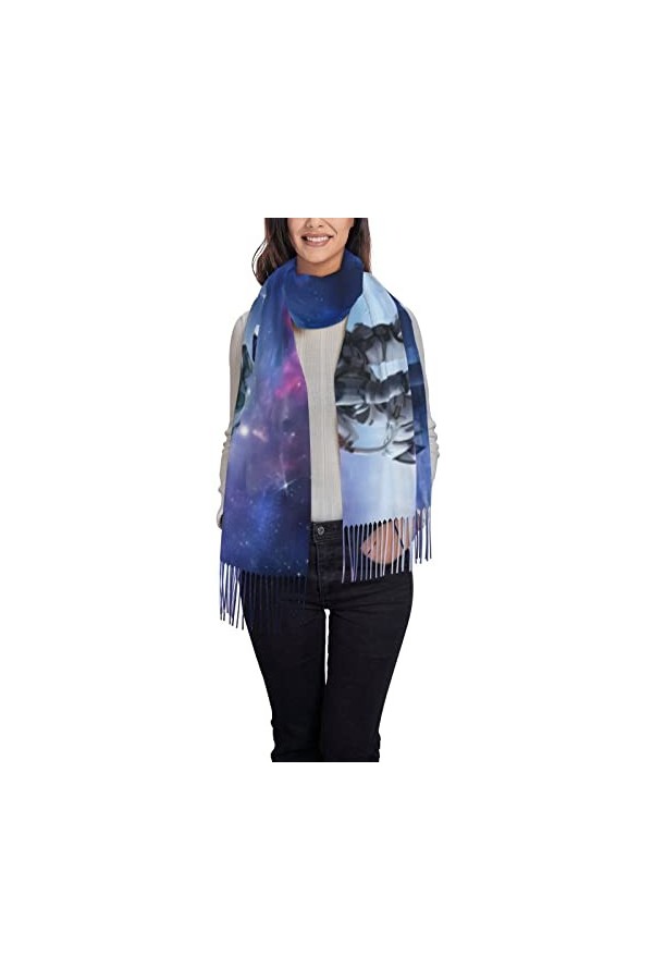 OPSREY Écharpe à pompons imprimée cannabis doré Pashmina Sentiment Châle Écharpe chaude dhiver, Galaxy Astronaute, taille un