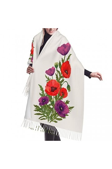 Écharpe à franges en laine chaude pour femme Motif éclaboussures de cheval 196 x 68 cm, Fleur de coquelicot., taille unique