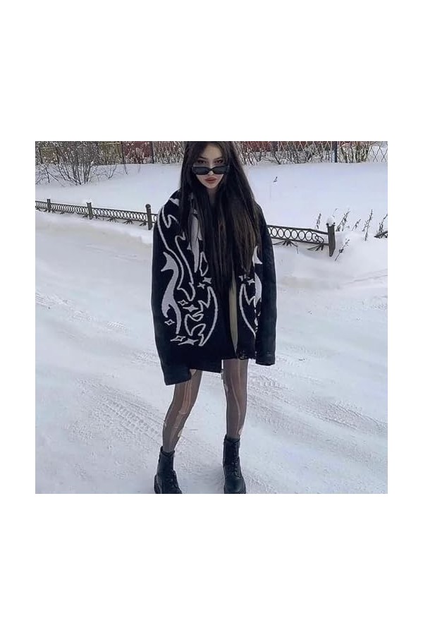 LiPski Écharpe tricotée jacquard à motif irrégulier pour femme Y2K gothique grunge noir rouge écharpe dhiver, Noir , 180x25c