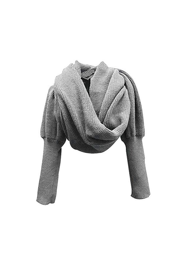 TININNA Mode Femme Écharpe avec des Manches Tricotée Couleur Unie Automne Hiver Unisexe Gris Clair