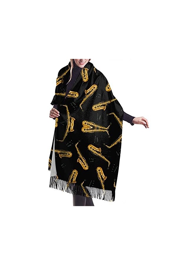 FJAUOQ Écharpe dhiver tendance en cachemire pour femme - Motif saxophone et musique - Pashmina - Douce et chaude - Longue éc