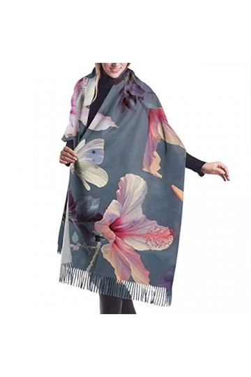 FJAUOQ Couverture châle écharpe papillon et fleurs dhibiscus pour femme Écharpe en cachemire doux Grande couverture pashmina