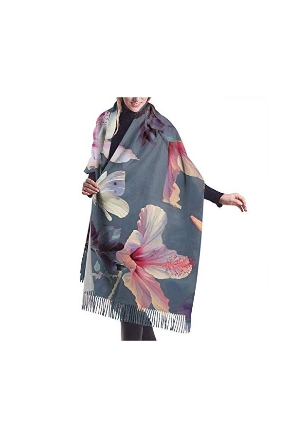 FJAUOQ Couverture châle écharpe papillon et fleurs dhibiscus pour femme Écharpe en cachemire doux Grande couverture pashmina