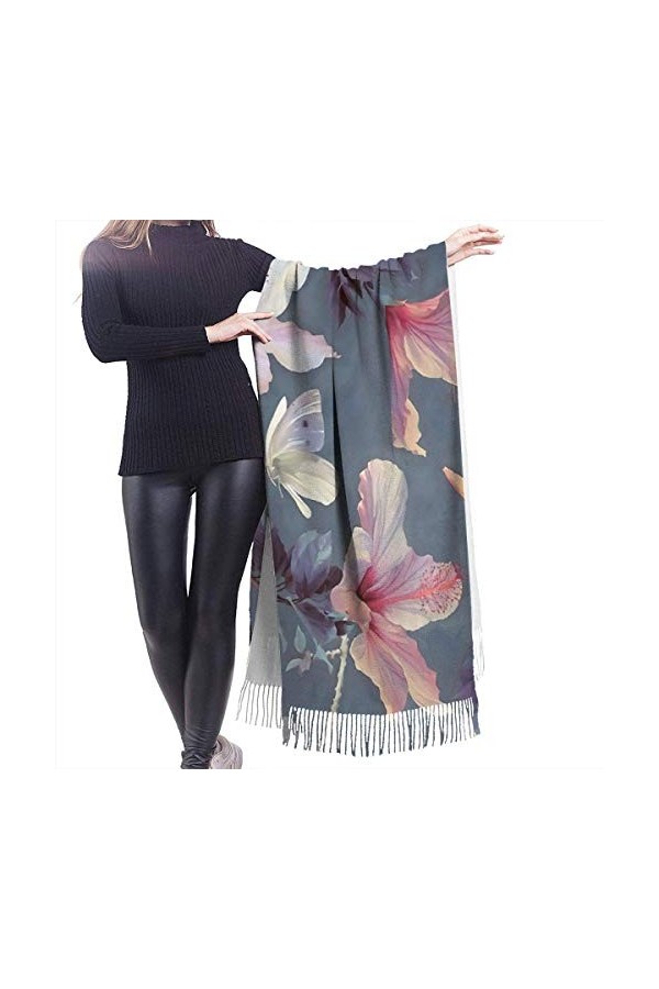 FJAUOQ Couverture châle écharpe papillon et fleurs dhibiscus pour femme Écharpe en cachemire doux Grande couverture pashmina