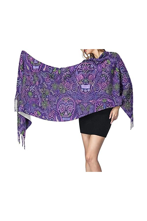 FJAUOQ Écharpe dhiver mexicaine en forme de crâne violet pour femme - Toucher cachemire - Pashmina - Longue écharpe douce po
