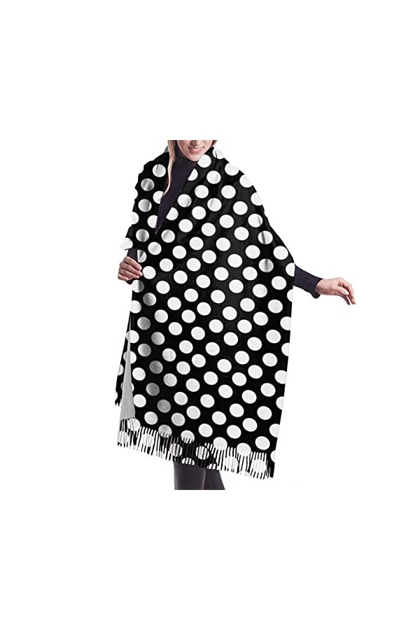 Écharpe classique douce et chaude à franges en cachemire pour femme, Noir à pois blancs, taille unique