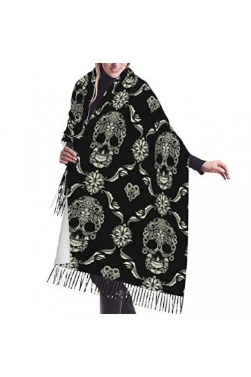 FJAUOQ Écharpe à franges en faux cachemire pour femme - Motif tête de mort effrayante - Châle pour lautomne et lhiver, Comm