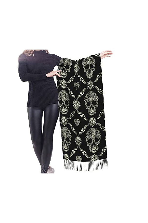 FJAUOQ Écharpe à franges en faux cachemire pour femme - Motif tête de mort effrayante - Châle pour lautomne et lhiver, Comm