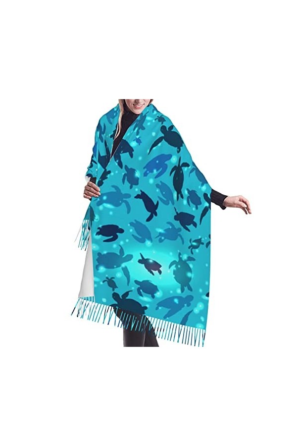 Écharpe douce et chaude en cachemire avec franges pour femme Motif tortues vertes, Aquarelle Tortues de mer 13, taille unique