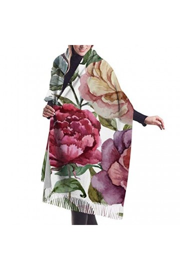 FJAUOQ Châle enveloppant écharpe rose pivoine nature femme grande couverture longue à carreaux châle avec pompon, Comme indiq