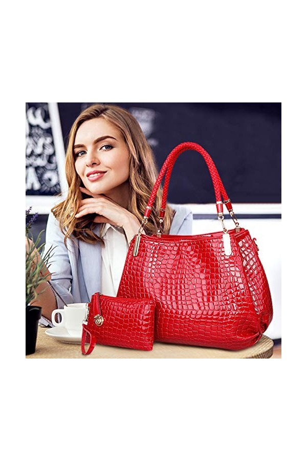 NICOLE&DORIS New Crocodile Grain PU cuir Femmes / Ladies sac à main bandoulière Totes Grand sac Gros rouge