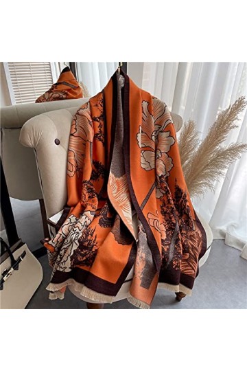 WYCSDD Écharpe Florale Rétro Femmes Hiver Cachemire Chaud Pashmina Couverture Épaisse Femme Mode Double Face Étoles Nouveau