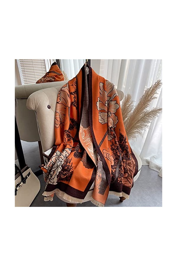 WYCSDD Écharpe Florale Rétro Femmes Hiver Cachemire Chaud Pashmina Couverture Épaisse Femme Mode Double Face Étoles Nouveau
