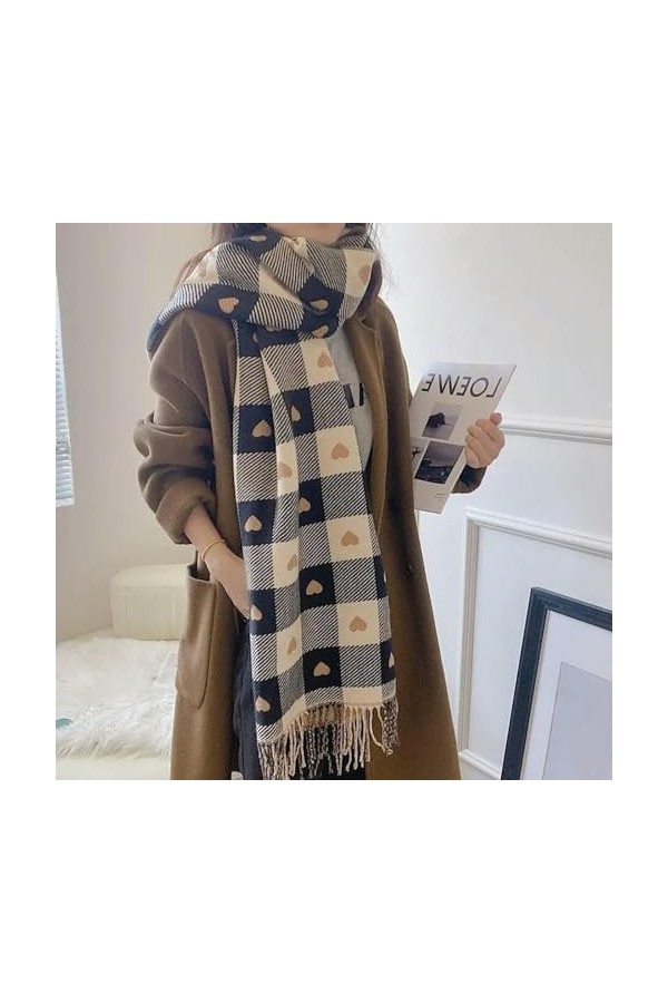 Écharpe DHiver Femme Heart Check Cashmere Scarpe Hiver Écharpe Chaude Et Châle À Franges Longs Couverture Pashmina À La Mode
