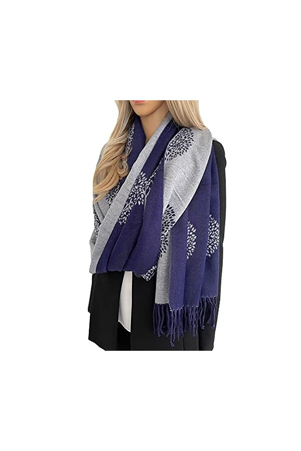 The Accessory Co - Écharpe dhiver réversible en pashmina pour femme - Motif arbre de vie, Cashmere: Navy Blue, L