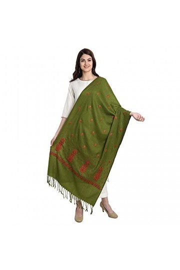 Zamour Kashmiri Écharpe en laine pashmina brodée en papier mâché pour femme, vert olive, L