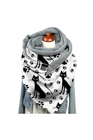 Femmes Mignon Chat imprimé écharpe Hijabs féminin Lady Bouton rétro Foulard de châle Polyvalent Folle 80cm- 100cm Hiver Colo